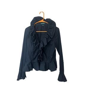 Lauren Ralph Lauren Ruffle Collar Black Longsleeve Button Down Sz 10 Cotton